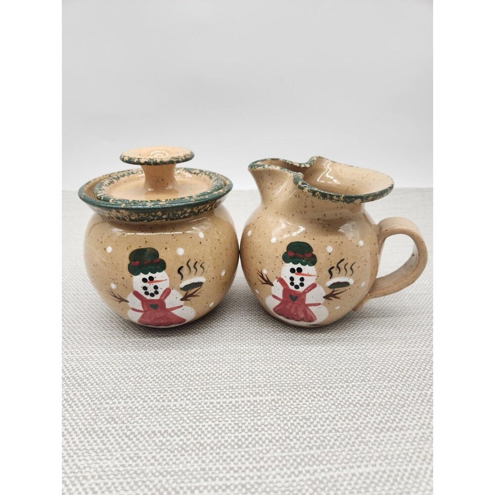 Three Rivers Pottery Cream Pitcher & Sugar Bowl Brown Green Snowman Family